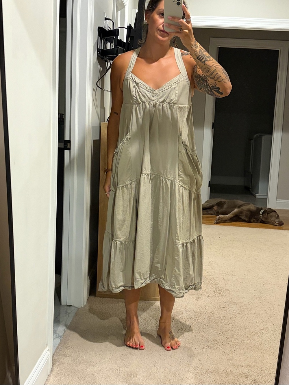 Anthropologie Olive-Green Tiered Midi Sundress